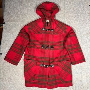 Ashley Scott Duffle Coat Womens XL Red Green Plaid Toggle Hooded Vintage USA